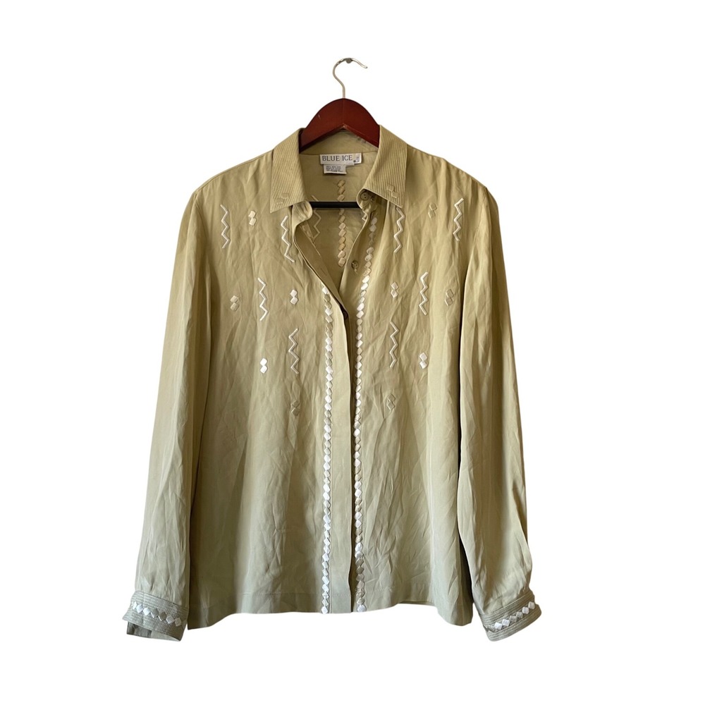 Vintage Women's green Khaki Silk Blend Embroidered‎ Button Up Shirt Blouse 10